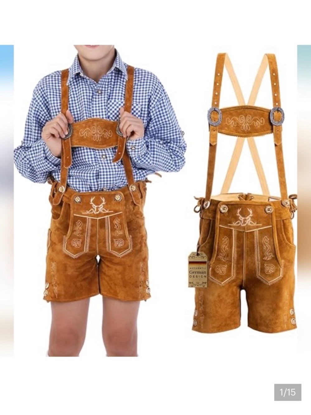 Leather Bavaria Trachten Lederhosen for kids with embroidered suspenders Sz 6-9